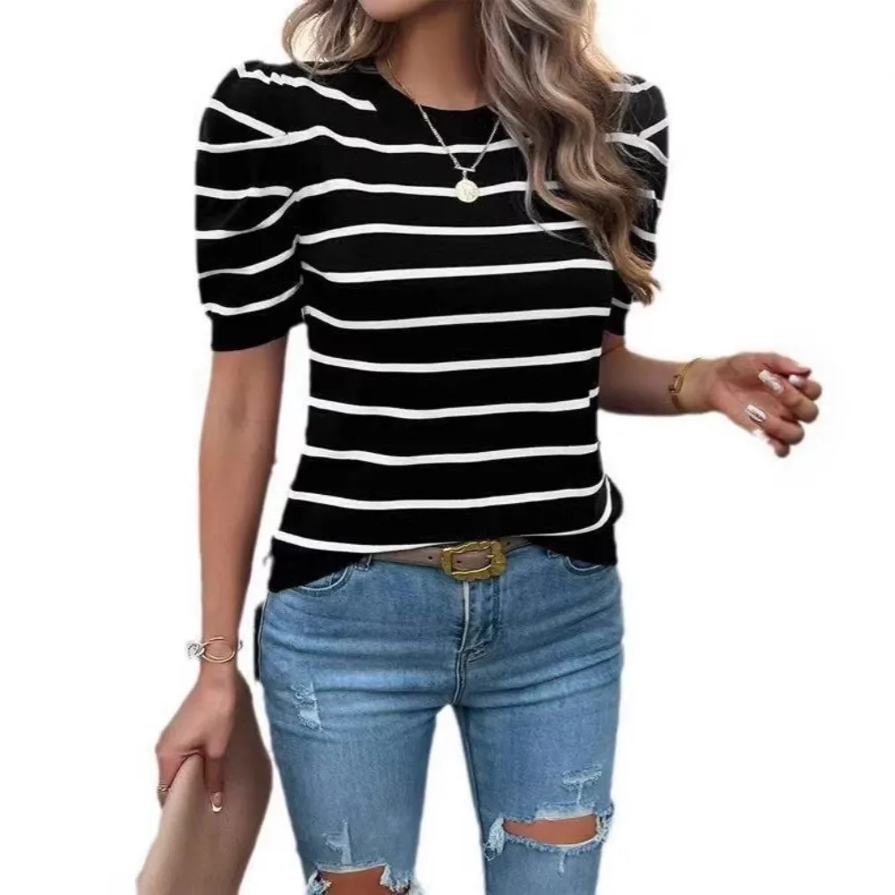 Women New Summer Striped Knit Cropped Top Puff Sleeve T Shirt Fashion Casual Breathable Flattering Short Sleeve Tee