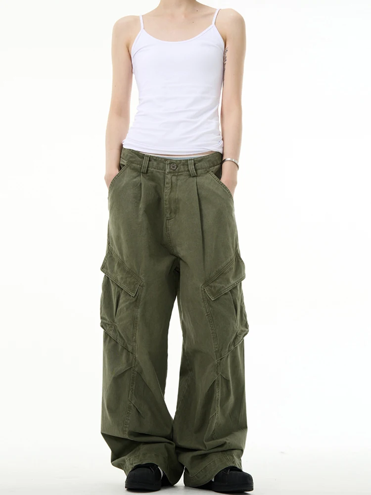 

American Retro Cargo Pants Women's Chic Design Loose Casual Pleated Straight Leg Pants Streetwear Baggy Trousers