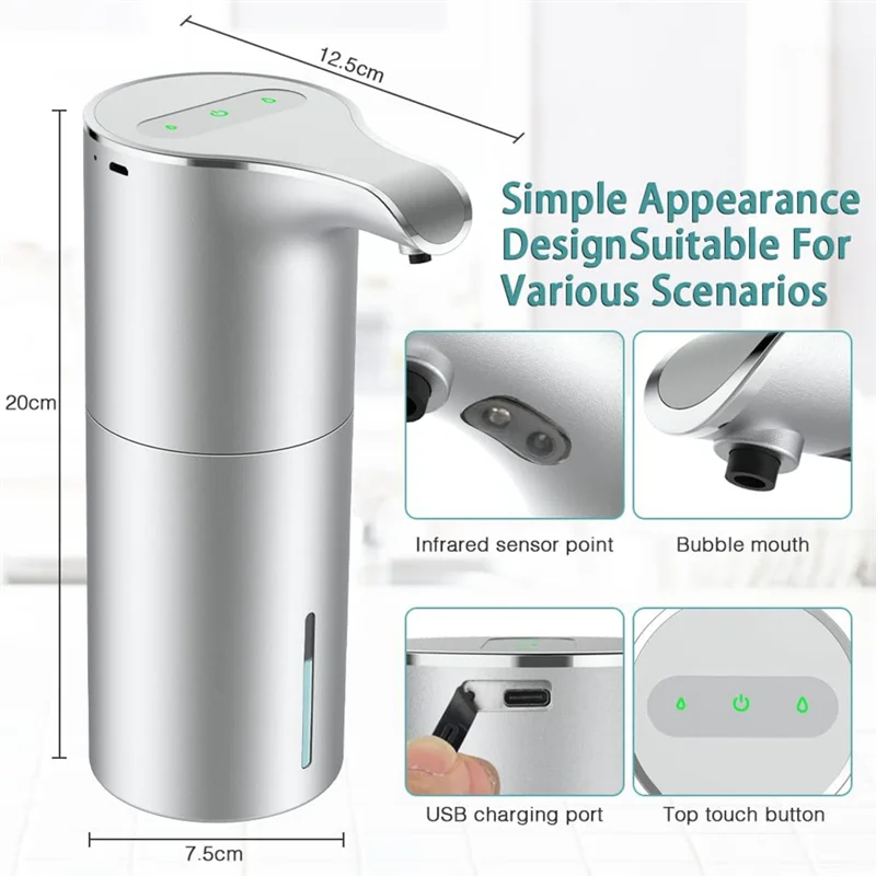 Soap Dispenser Automatic - Touchless USB Rechargeable Electric Foam Soap Dispenser Adjustable Waterproof 450 ML Silver