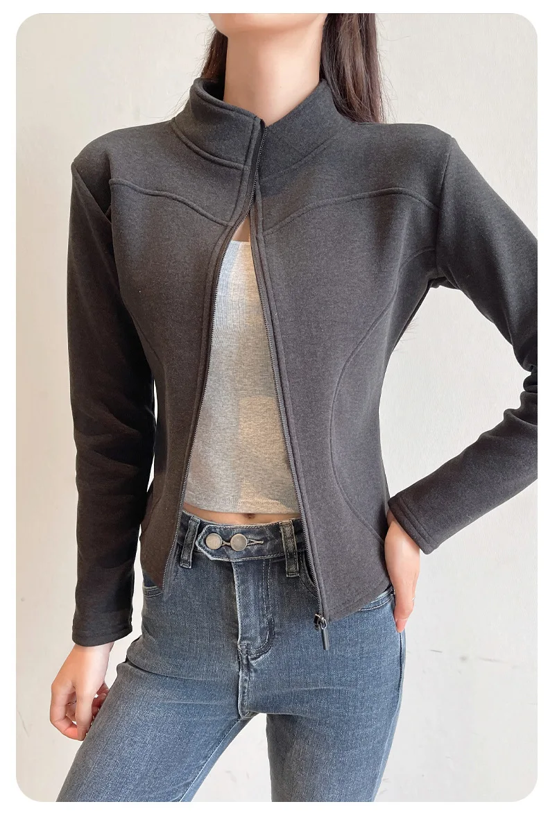 Women's Slim Fit Fleece Lined Short Sweatshirt Jacket Autumn Winter Thick Warm Zipper Jackets Woman Solid Stand Collar Yoga Wear