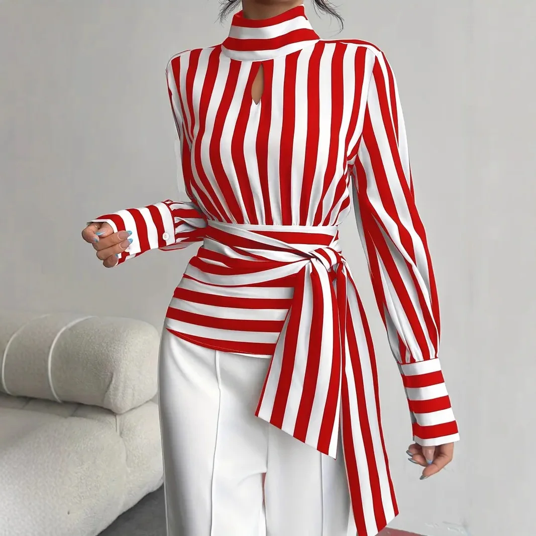 موضة فضفاض المشارب المرأة بلوزة أنيقة عالية الياقة كم طويل قمصان وبلوزات خمر حزام الدانتيل متابعة ملابس حريمي #5