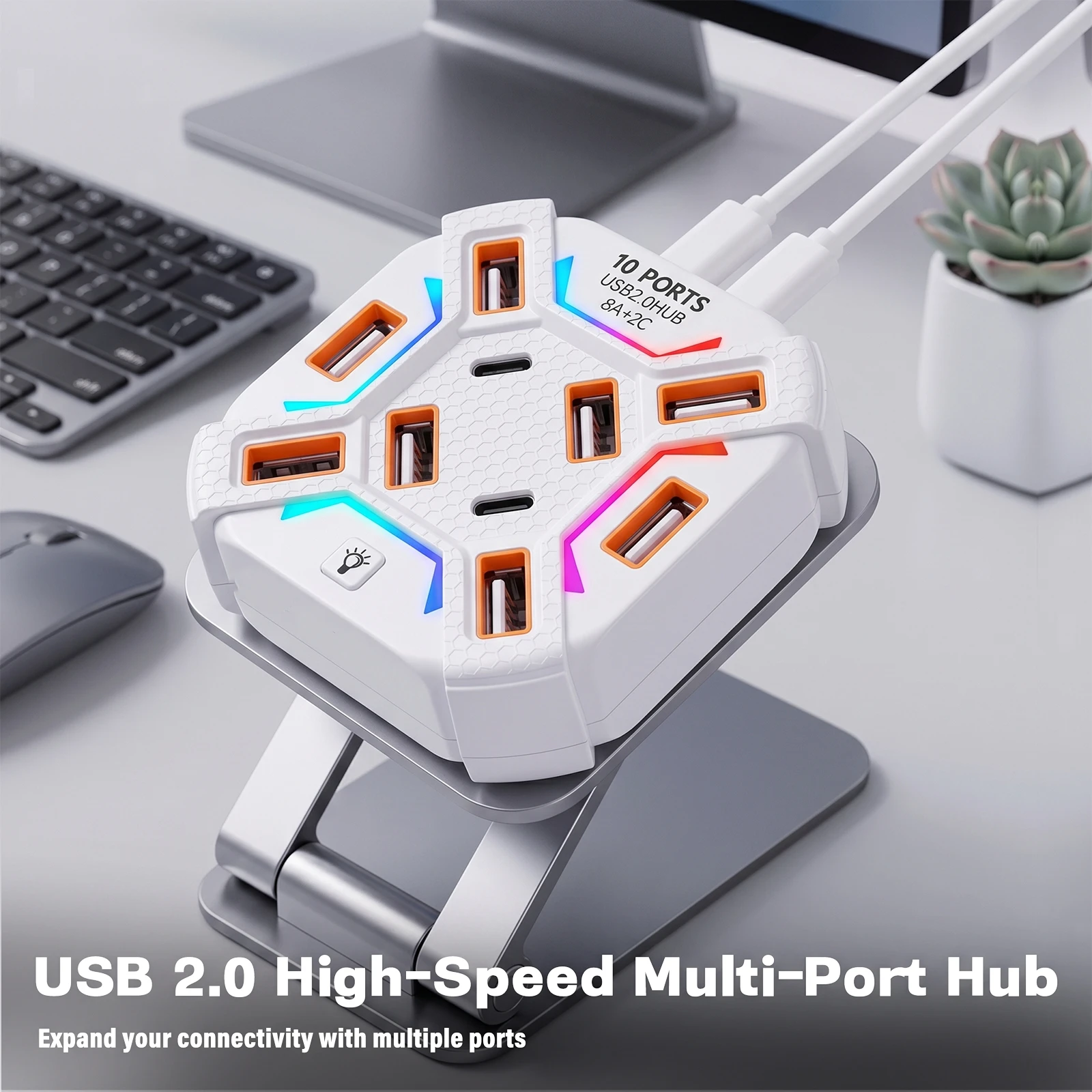7/10 Port USB Expansion Hub RGB Backlight Independent Switch Plug & Play No Driver USB Splitter For Laptop Desktop Camera