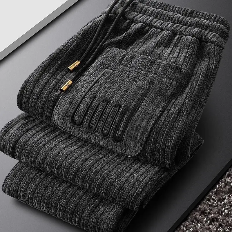 Autumn Winter Fashion Men\'s Plus Velvet Thickening Solid Color Pants 2024 Warm Slim Drawstring Mid Waist Trousers Male Clothes