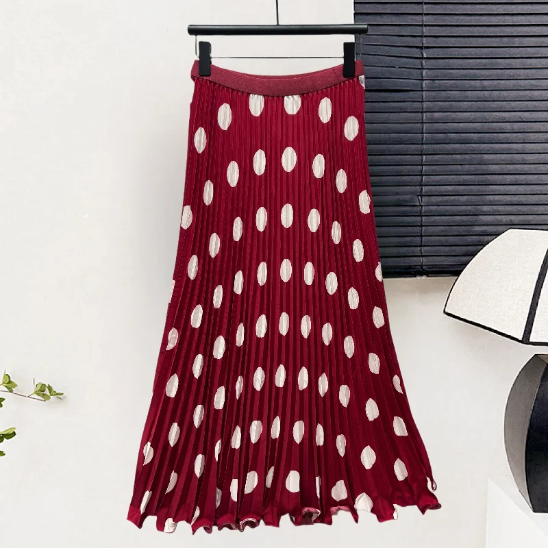 

Polka Dot Chiffon Pleated Long Skirt Women Spring Summer Fashion Elastic High Waisted Beach Trumpet Mermaid Skirt Maxi