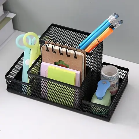 Three Compartment Pen Holder Storage Box, Iron Desktop Office Stationery Storage, Student Office Storage