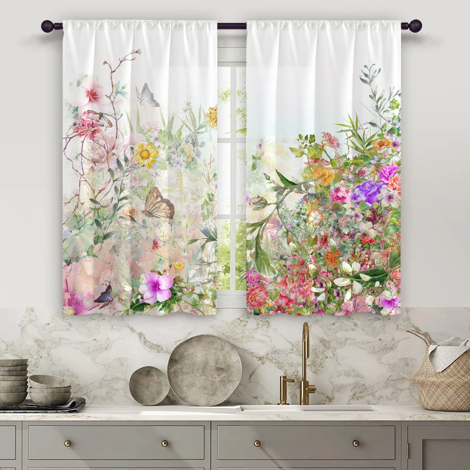 2pcs Soft and Elegant Watercolor Floral Semi-blackout Curtains Above Kitchen Sink for Home Bedroom and Living Room Shade Cloth