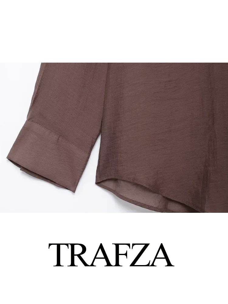 TRAFZA Women's Autumn Casual Shirts Brown Turn-Down Collar Long Sleeves Pockets Single Breasted Women Fashion Loose Blouse