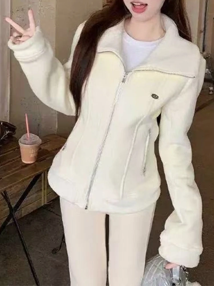 American Style Retro Solid Polar Fleece Sweet Warm Jacket Women Slim Waist Y2k High Neck Coat New Fashion Casual Winter Clothing