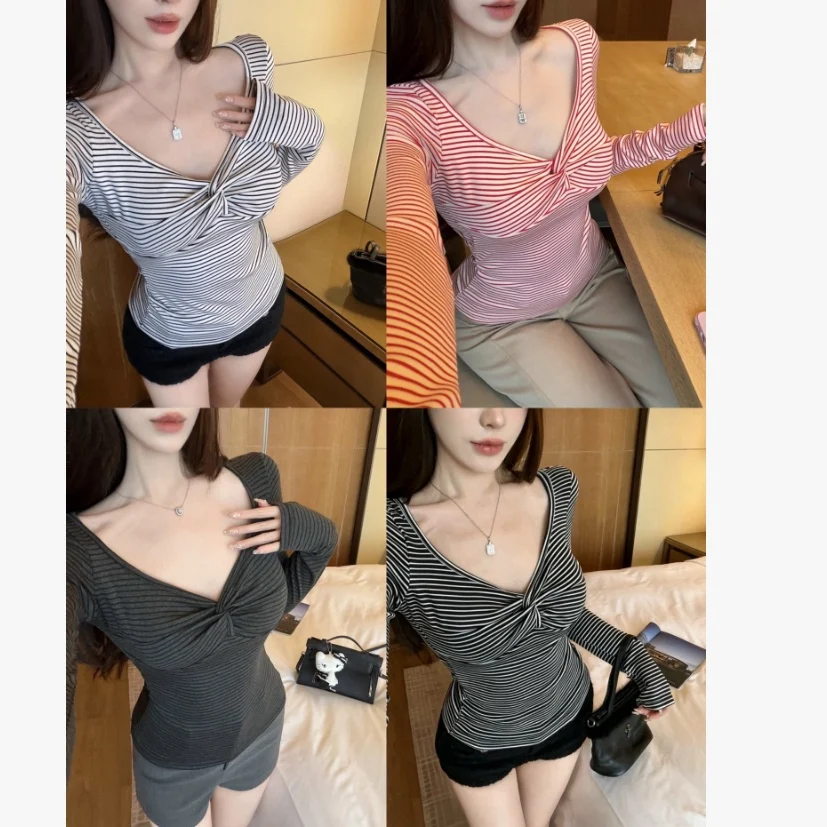 American Style Sexy V-Neck Striped Long Sleeve T-Shirt Women's Knot Waist-Cinching Base Shirt with Chest Pad Short Length