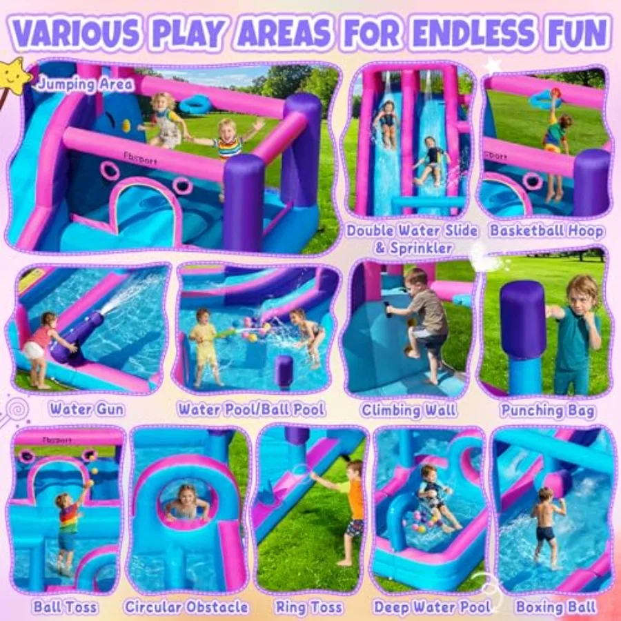 Inflatable bounce house for outdoor and indoor use PVC material blue and yellow includes double water slide climbing wall splas view 2