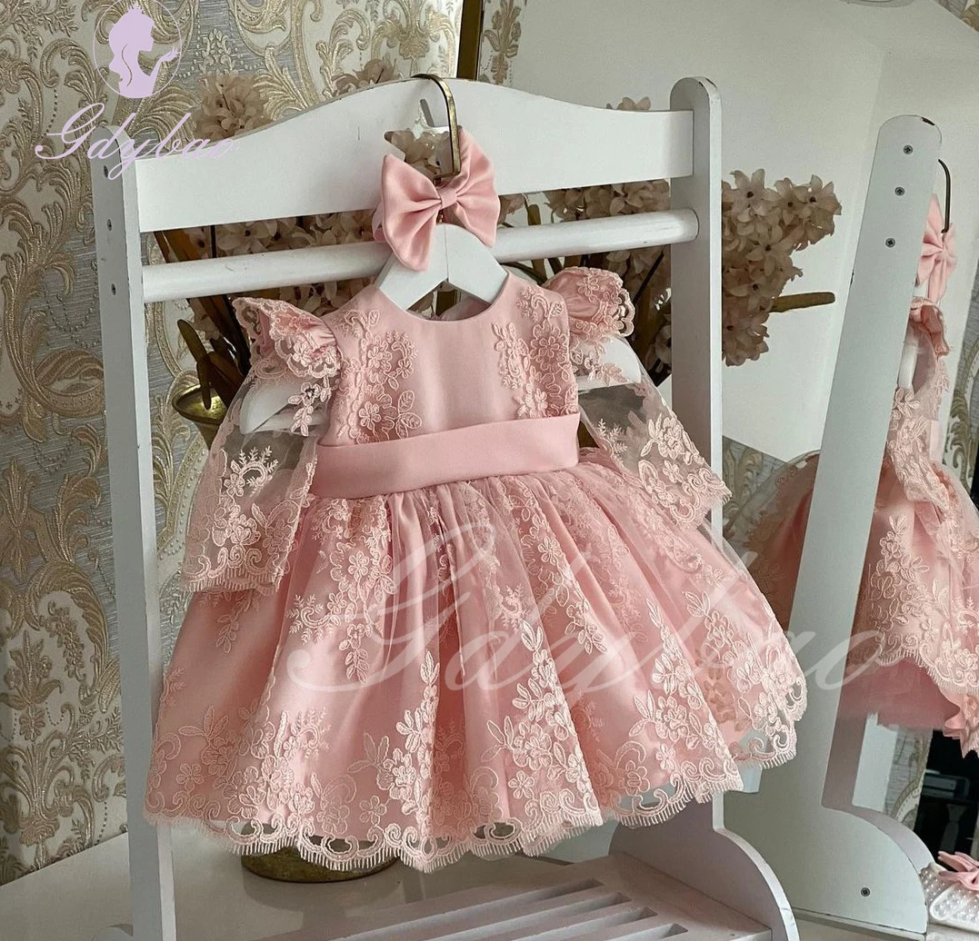 

Pink Lace Flower Girl Dresses for Wedding Full Sleeves Applique Birthday Princess Kids Evening Party First Communion Ball Gowns