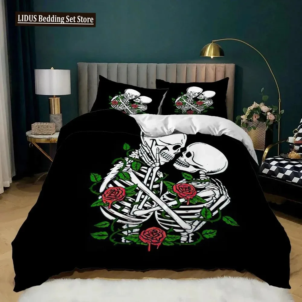 

Skull Duvet Cover Queen Size Gothic Skeleton Bedding Set Rose Flower Polyester Comforter Cover For Kids Teens Adults Halloween