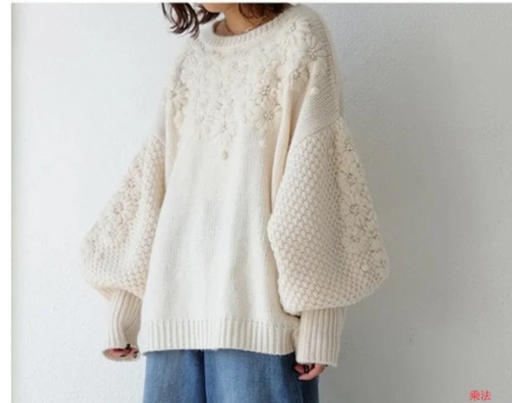 High Quality Vintage Daisy Embroidery Sweater Women Autumn Thick Warm Korean Lantern Sleeves Loose Knitted Jumper Pull Oversize