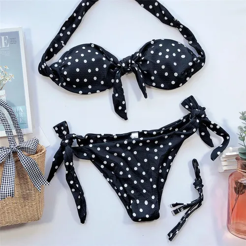 Traje De baño Sexy con estampado De puntos negros, Micro Bikini Bandeau con Tanga, traje De baño anudado frontal para Mujer, conjuntos De Bikinis De Mujer 2025