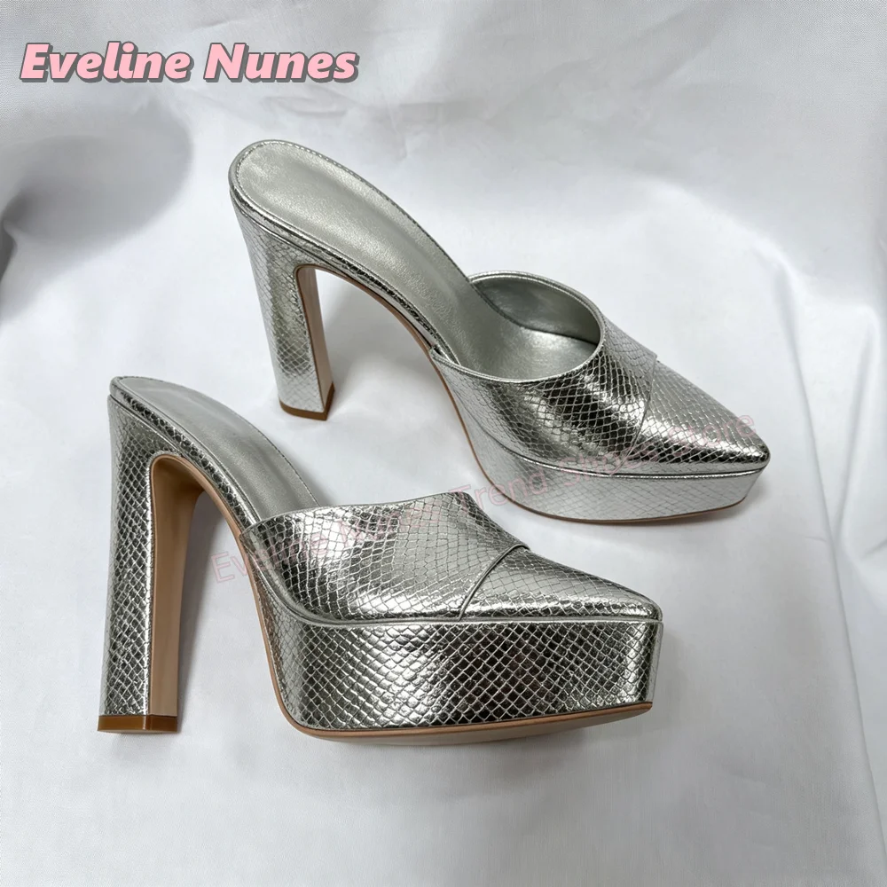 Women Metallic Silver Platform Mule Sandals Peep Toe Slip On Block Heels Solid Silver Snake Print Sexy Slides Y2K Night Club