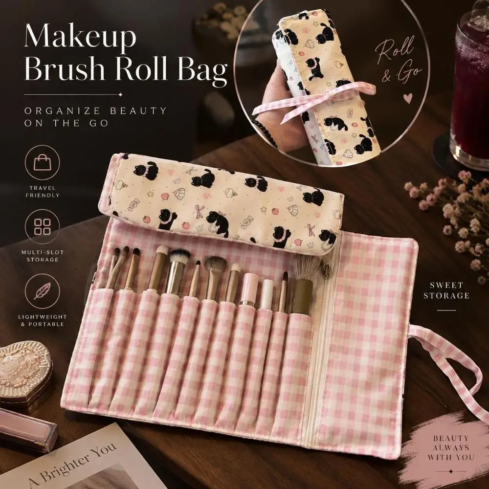 Multi-Slot Makeup Brush Roll Bag Roll-Up Ribbon-Tie Cosmetic Brush Pouch Grid Pattern Lightweight Brush Storage Wrap