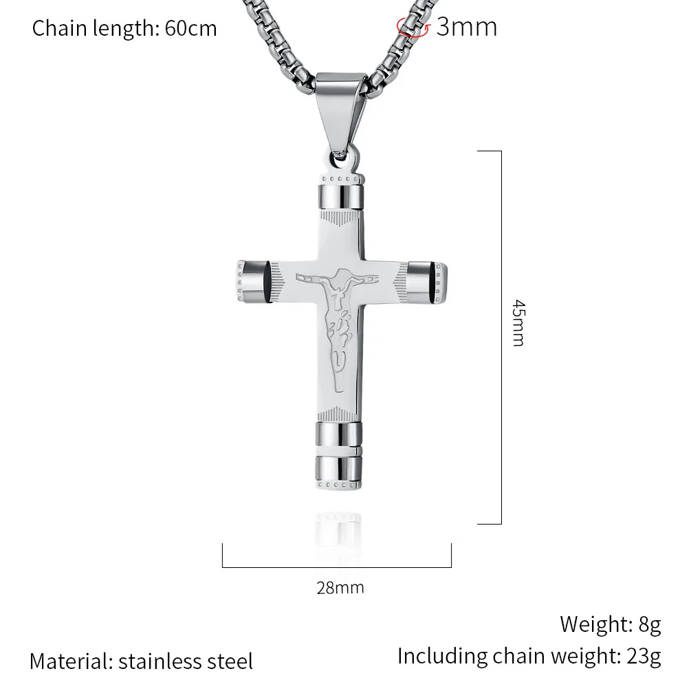 High-Quality Stainless Steel Catholicism Jesus Cross Pendant Necklace, Christian Religious Jewelry for Men