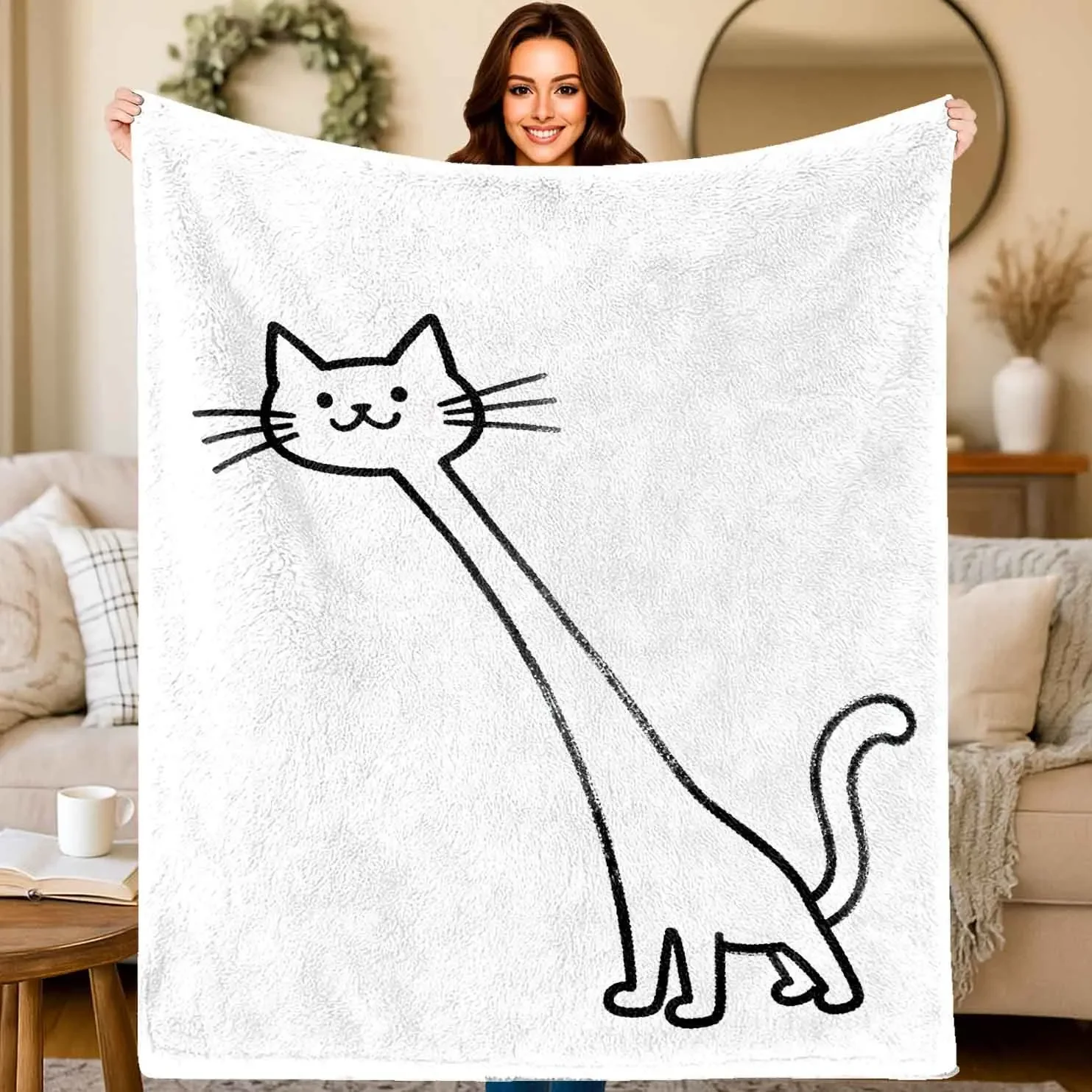Minimalist Line Art Throw Blanket Black Cat Figure Design Abstract Animal Print For Bedroom Living Room Decor