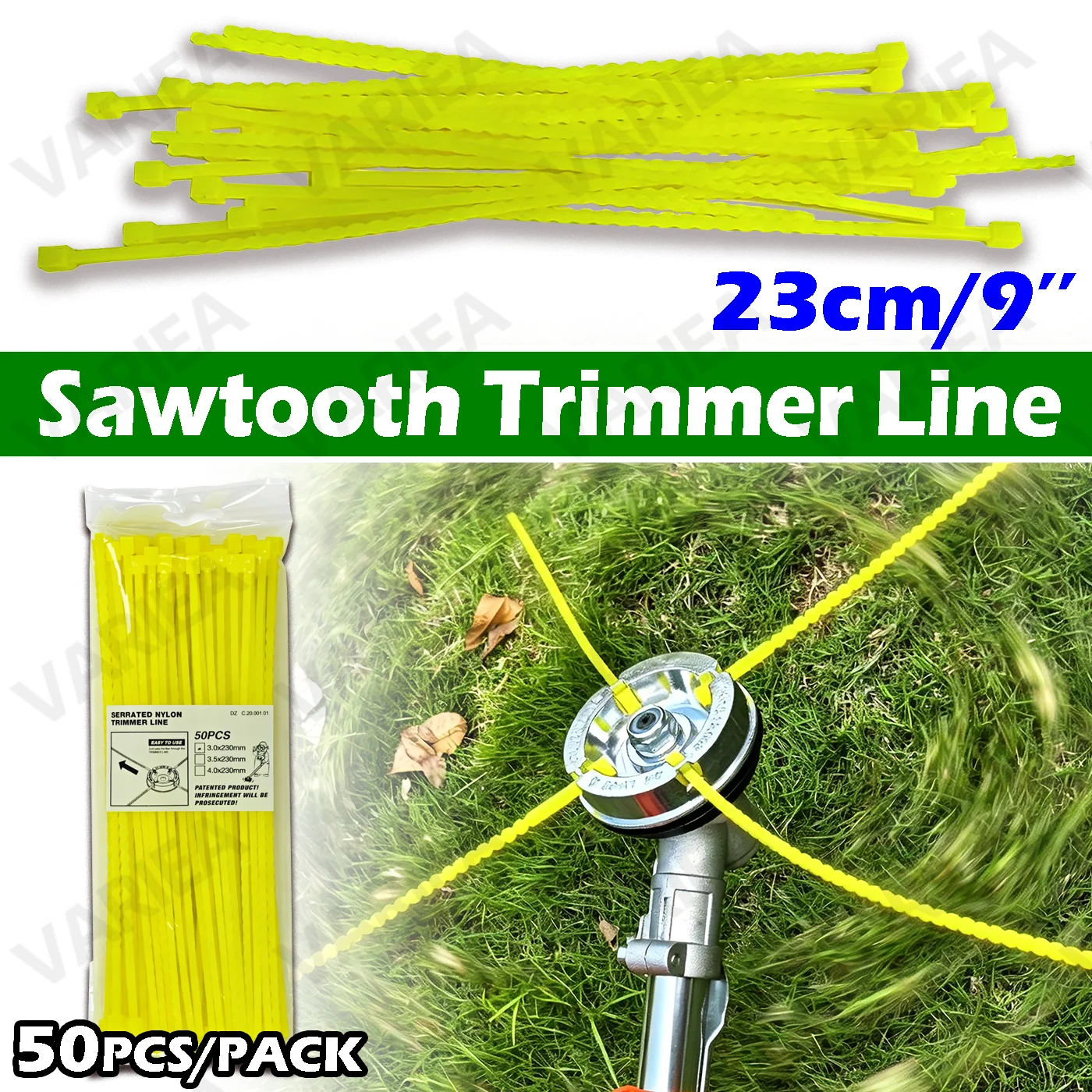 VARIEA-50pcs - 23cm lawn mower with durable serrated pre-cut trimming rope, 3.0mm square serrated rope, high cutting efficiency