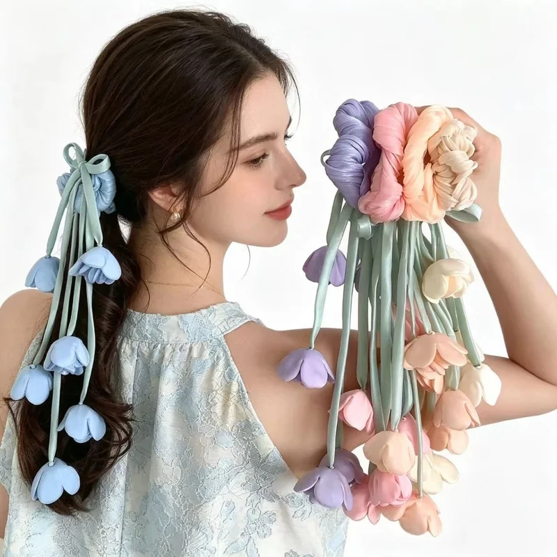 

Girls Sweet Fairy Tulip Flower Headband Daily Ponytail Rubber Band Fashionable Hair Accessory