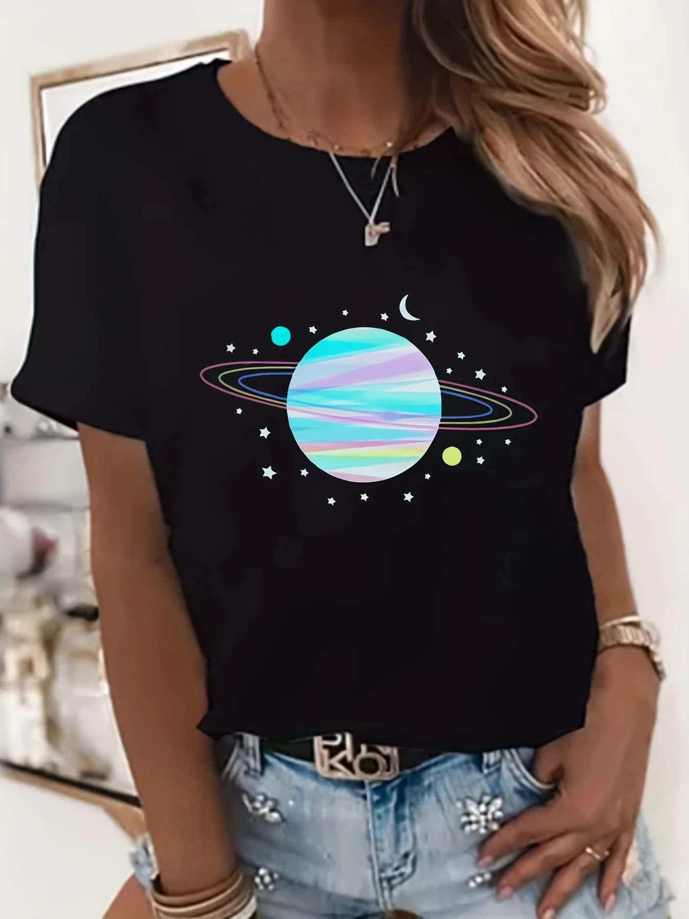 Casual dames T-shirt met ronde hals en kleurrijke planeetprint, 95% polyester 5% elastaan, korte mouw, normale lengte,