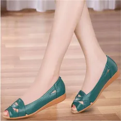 Summer Ladies Fashion Sandals Middle-Aged Soft Leather Fish Head Sandals Large Size Slope Comfortable Woman Shoes 35- 43