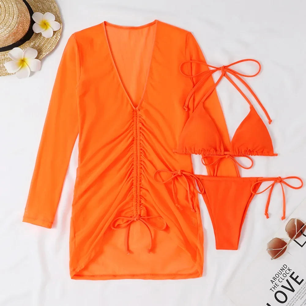 

2023 Beach Cover Up And Bikini Set Sexy Swimwear Women Dresses Long Sleeve Mesh Swimsuit Thong Biquini Female Neon Beachwear