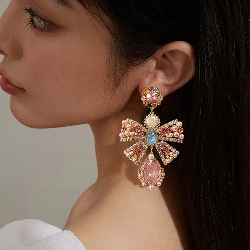 

Korean Luxury Pink Rhinestone Bowknot Drop Earrings For Women Fashion Waterdrop Crystal Pendientes Party Jewelry