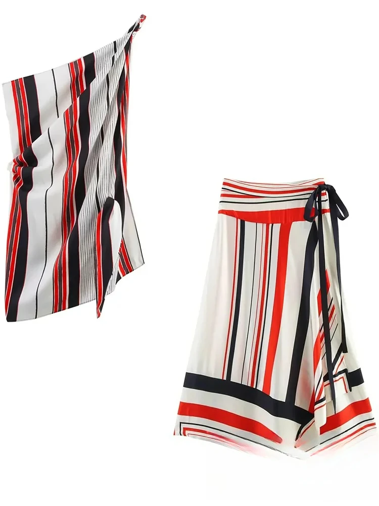 

KONDALA Casual Sexy Chic Women Suit Striped Asymmetric Sleeveless Top Loose Long Straight Skirt Fashion 2025 Spring Summer Set