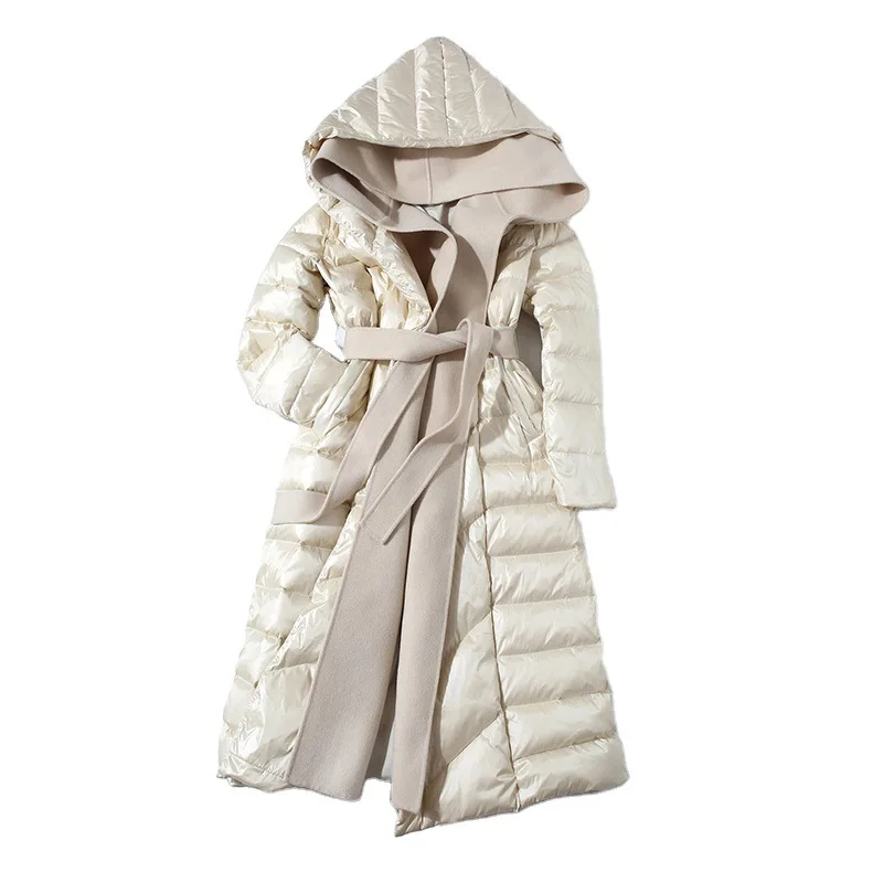 Chaqueta larga de lana con capucha para mujer, abrigo elegante ajustado y cálido con cinturón, Parkas de plumón para otoño e invierno, 2022