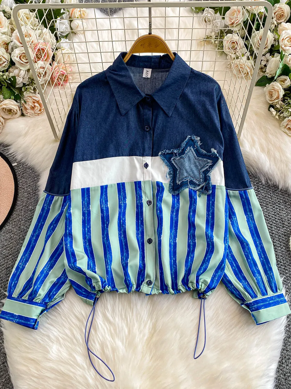 Mulheres azul listrado estrela retalhos denim jaqueta vintage manga longa jean jaqueta harajuku coreano outerwear topo 2000s roupas 2025