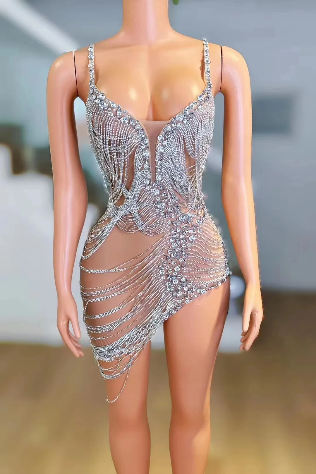 

Diamond dress Metallic Shiny Diamond Sexy Slim Spaghetti strap Tassel Dress Party Skirt Dress