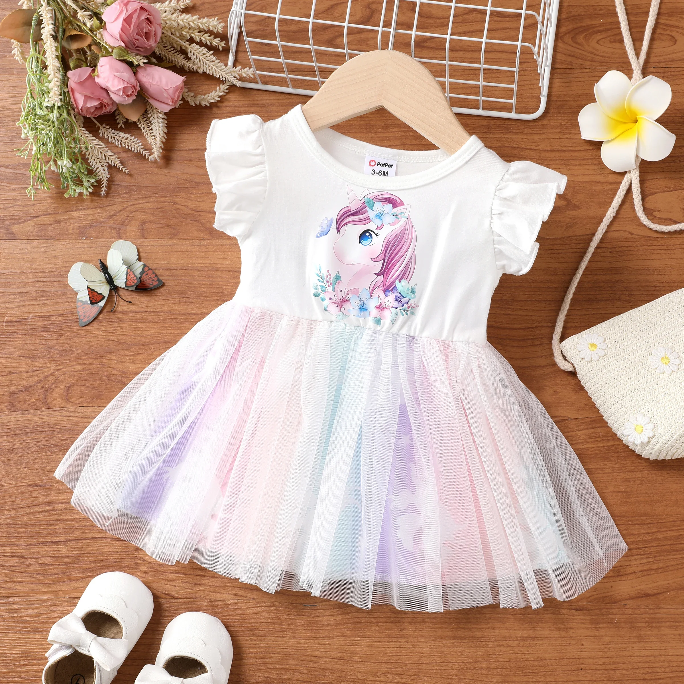 PatPat  Baby Girl Unicorn Ruffle Dress in Colorful Mesh Suitable for Summer Season Soft and Comfortable  Perfect for Outings