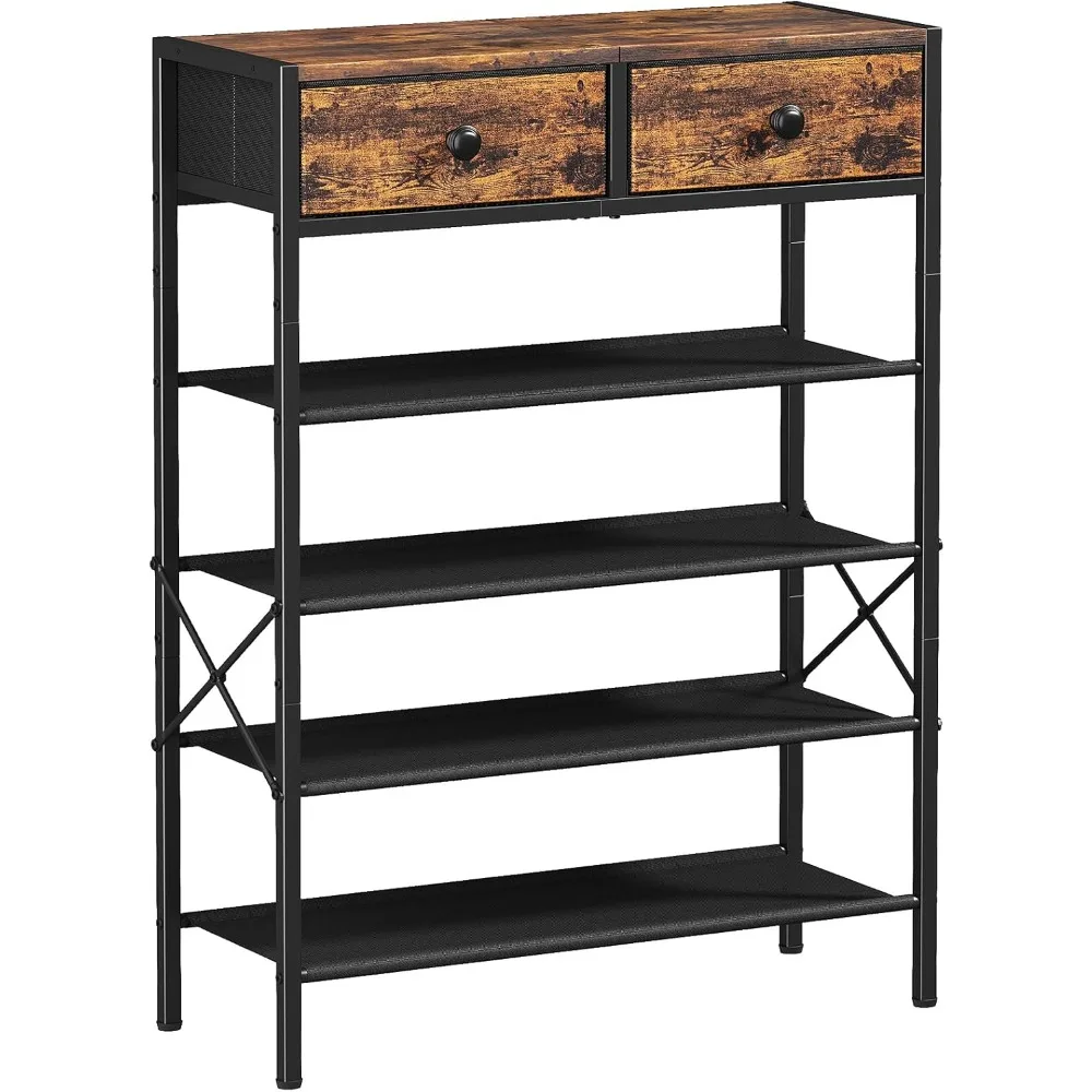 

5-Tier Shoe Rack with 2 Drawers & Wooden Top, Metal Shoe Organizer with 4 Fabric Shelves for 16-20 Pairs