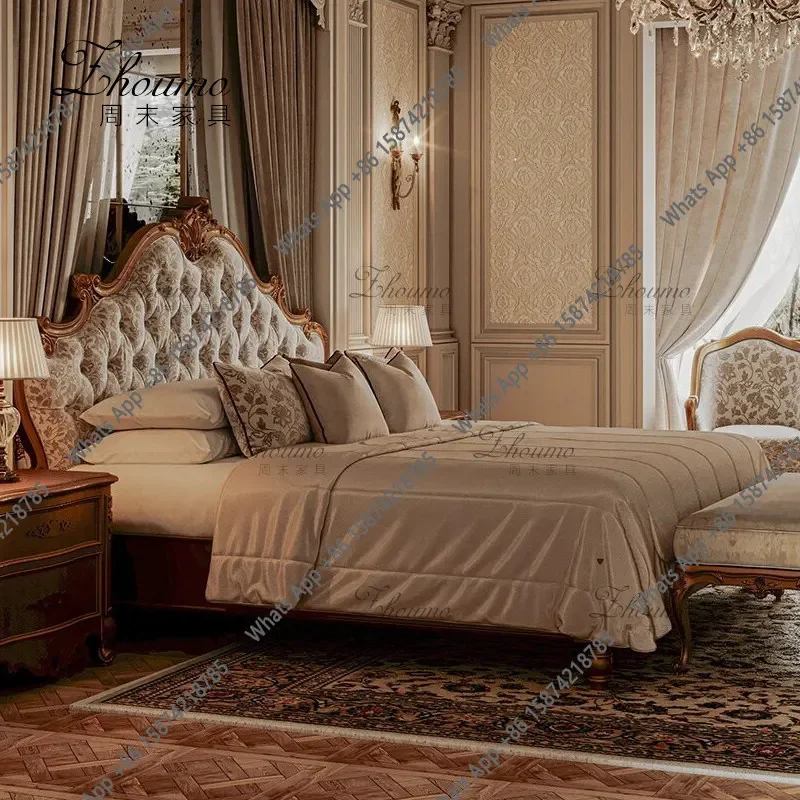 Ii French Retro Solid Wood Double Bed Antique Carved Bedside Master Bedroom Large Bed Printed Soft Bag Single Bed