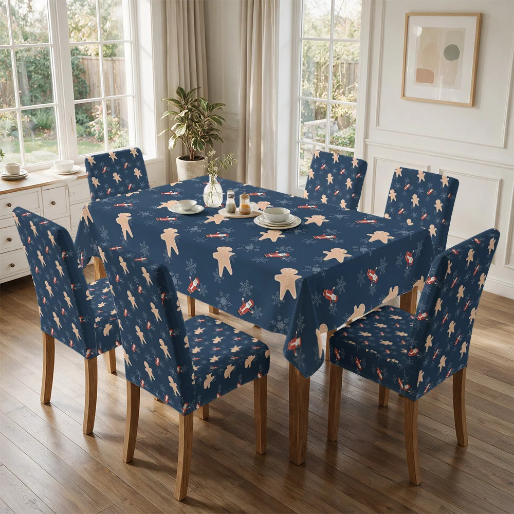 Navy Blue Christmas Pajama Print Tablecloth and Chair Covers for Dining Room Holiday Decor