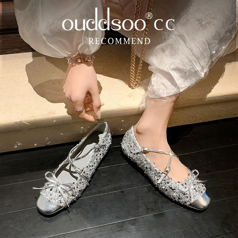 Ods Silver Sequined Women Flats Round Toe Slip On Casual Ballerine Shoes Thin Strap Black Prom Moccasins Femmes Sapatos Mujer