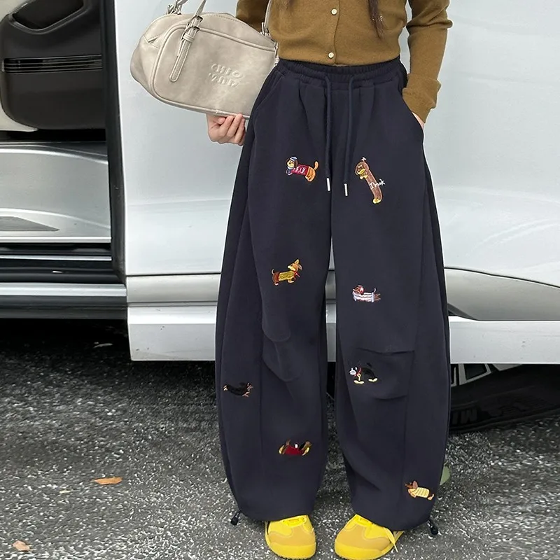 2026 Autumn Kids Girls Clothes Cute Embroidery Cartoon Dogs Pants Sweatpants Girls Baggy 4 5 6 7 8 9 10 11 12 13 14 Years Old