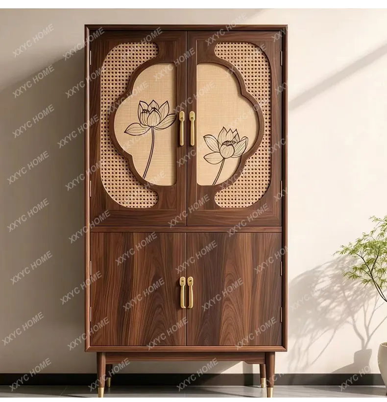 XX New Chinese  Black Walnut Side Cabinet Living Room Storage Locker Solid Wood Simple Rattan