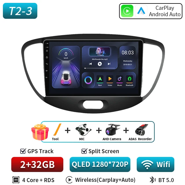Android 16 CarPlay Auto 5G WIFI Autoradio Voor Hyundai i10 2007 2008 2009 2010 2011 2012 2013 GPS multimedia Spelerereo BT DVD