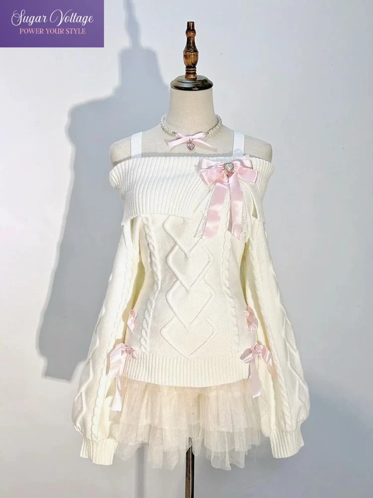 

Японский сладкий комплект из 2 предметов в стиле Лолиты, женский осенний вязаный свитер с открытыми плечами и сетчатой юбкой с бантом, милый мягкий модный наряд для девочек