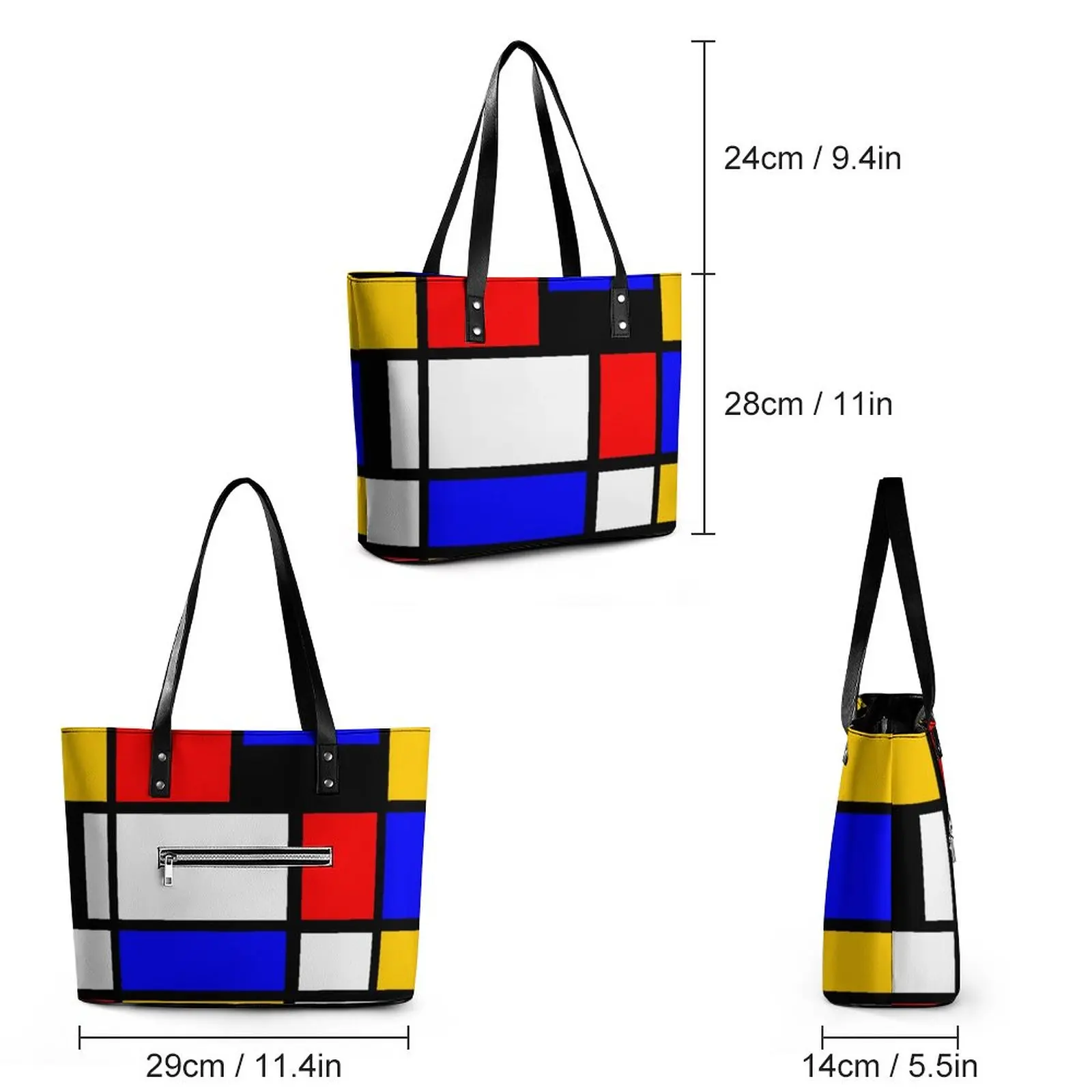 Multi Geometric Print Handbags Art Mondrian Style PU Leather Shoulder Bag Women Beach Custom Tote Bag Aesthetic Shopper Bags