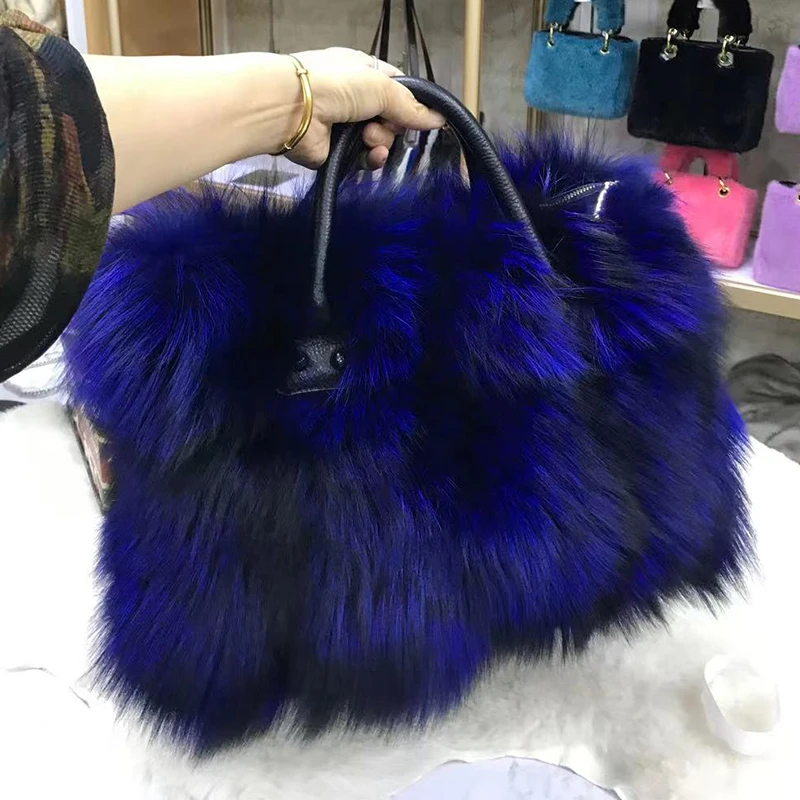 Frauen Winter Mode Natürliche Echt Fox Pelz Tasche Echtpelz Handtasche Damen Voll Pelt Echtem Leder Schulter Große Tasche