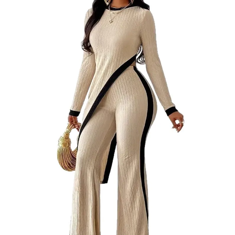 

Trendy Women's Trousers Suit O-neck Slim Long Slit Pullover Color Matching Fashion Simple Female High Street 2-piece Set