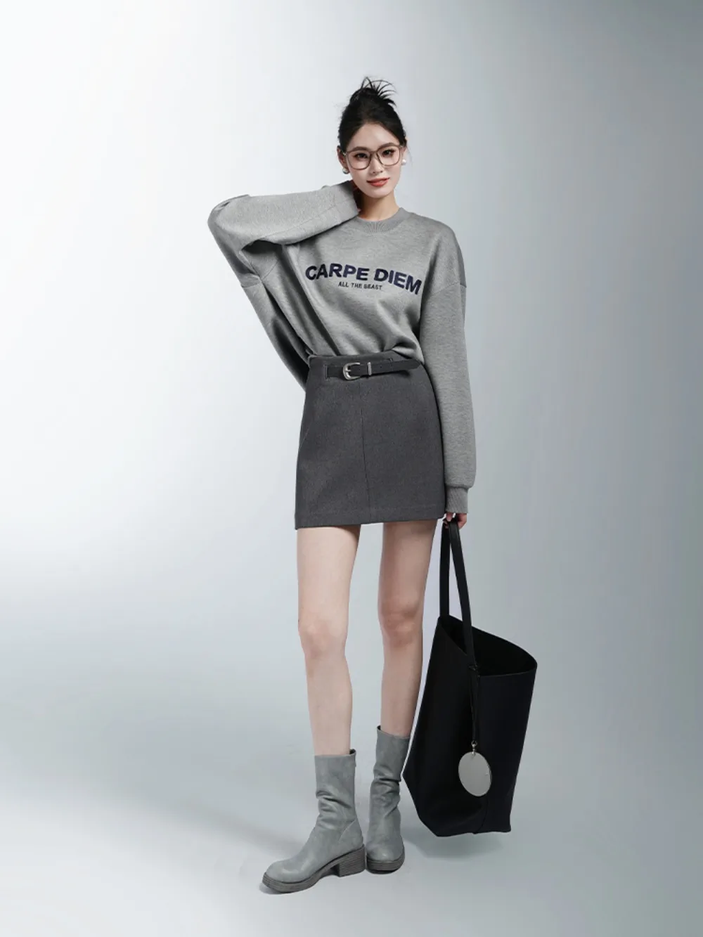 Letter Print Morning Autumn Top Crew Neck Loose Versatile Sweater Women's Fashion Casual Gray Foreign Style Jumper Long Sleeve