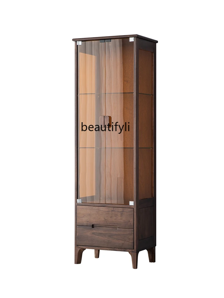 

Modern Light Luxury Black Walnut Solid Wood Storage Cabinet Locker Glass Wine Cabinet Display Cabinet Bookcase