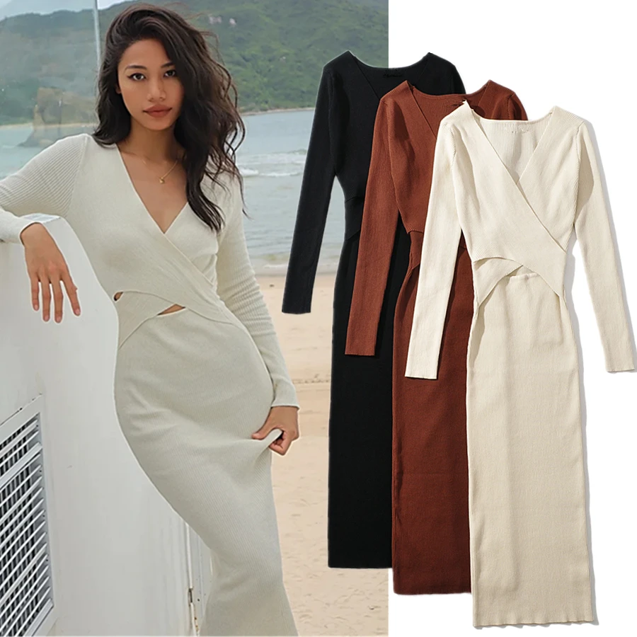 

Jenny&Dave Fashion Vintage Sexy Holiday Sheath France Style Hollow out Long Sleeve Knitted V-neck Midi Dress Women