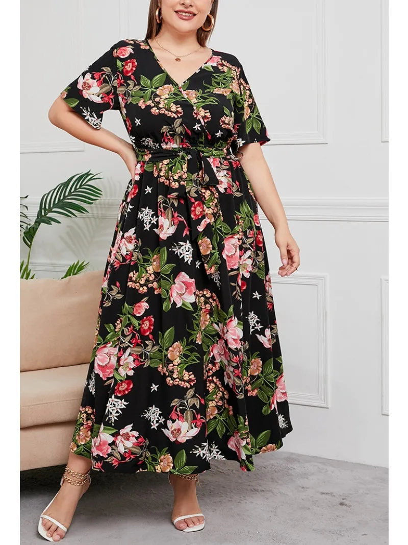 Women V-neck Short Sleeved Printed Dress with Elastic Waist Loose Boho Maxi Dress Leisure Vacation Long Skirt