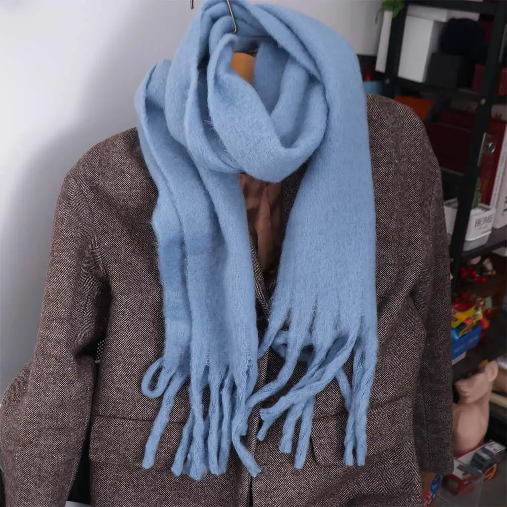 

Fashion Solid Color Long Wool Tassel Scarf Korean Style Outdoor Winter Cashmere Scarf Thicken Windproof Cashmere Shawl Girl