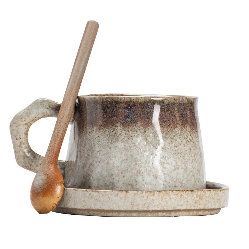 Vintage Ceramic Mug Stoneware Coffee Cup & Saucer Set Gradient Glazed Milk Afternoon Tea Cup Bread Pan 310ml Mug Drinkware Home